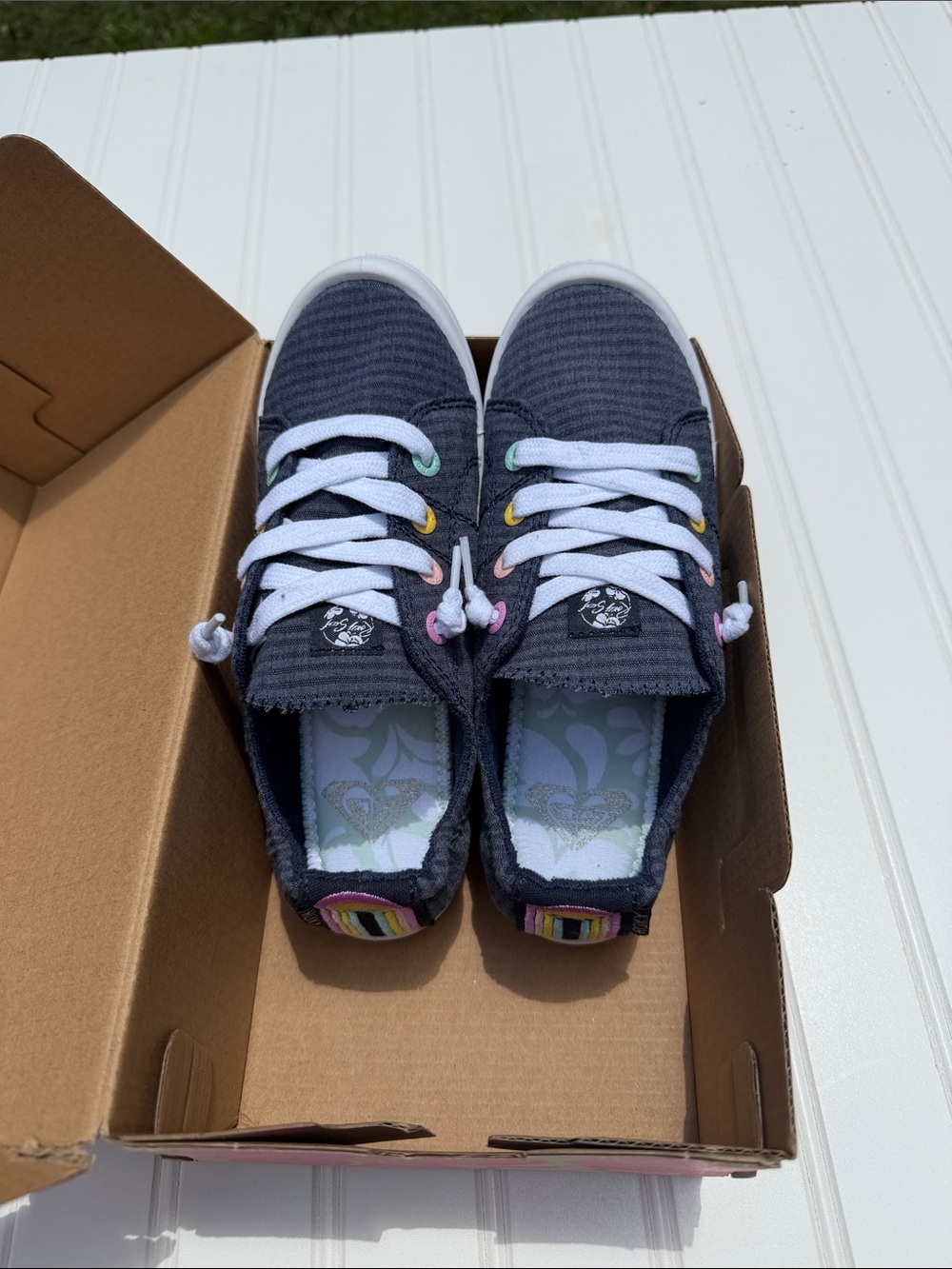 Kids Casual Lace-Up Sneakers in Navy with Rainbow Accents